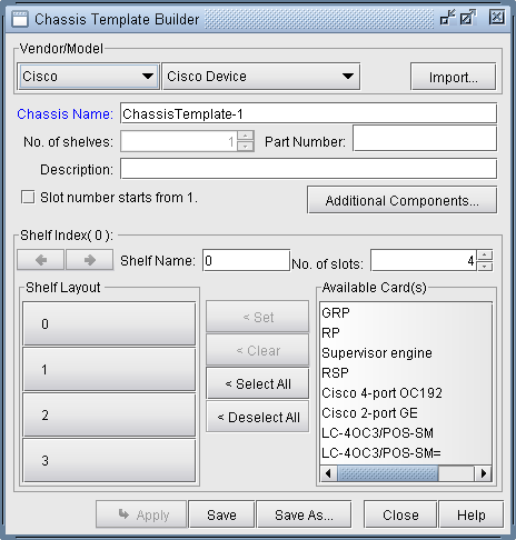 Chassis Template Builder interface for configuring Cisco network hardware with fields for vendor/model selection, chassis name, shelves, part details, slot numbering, and card options.