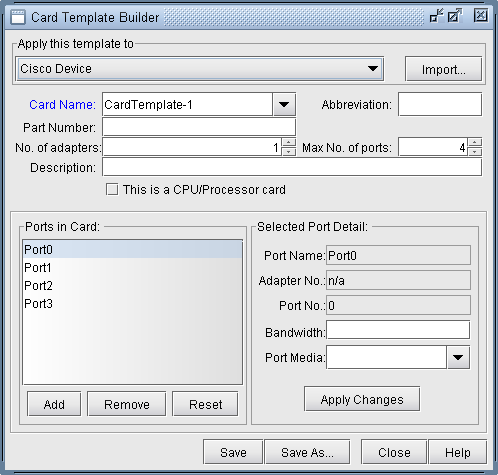 Card Template Builder interface for Cisco device cards with fields for card name, part number, ports, and CPU card option.