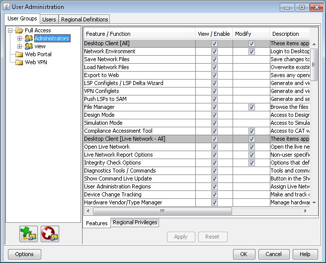 User Administration interface for managing user groups and permissions with features like Desktop Client and File Manager.
