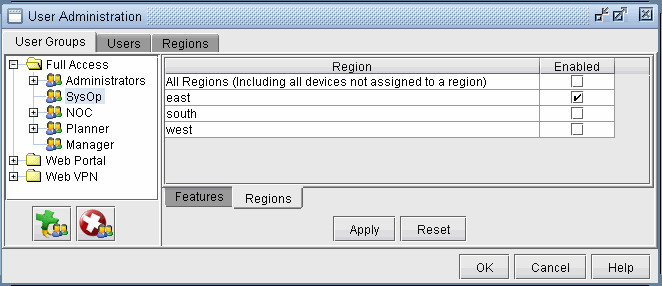 User Administration interface with selected Regions tab showing user groups list and regions table with enabled checkboxes for All Regions and East.