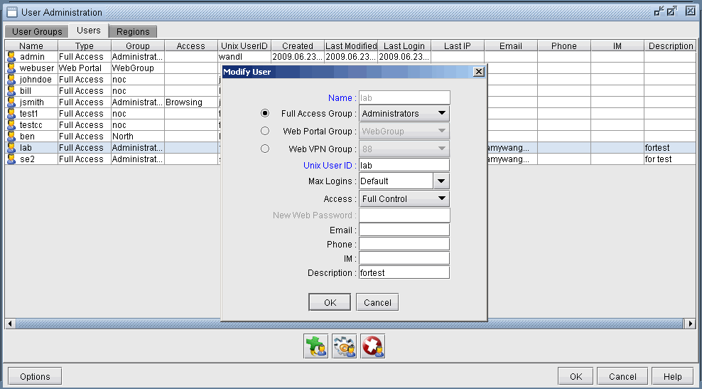 Users Tab of the User Administration Window