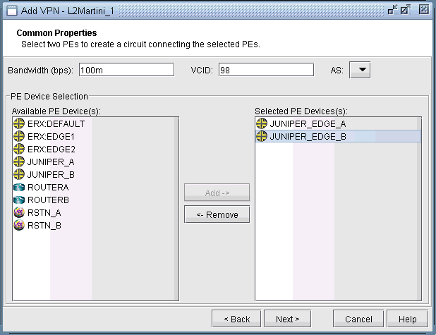 Select two PEs and assign a bandwidth value
