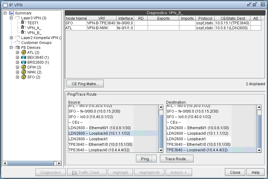 Ping/trace Route Between Routers from the IP VPN Window