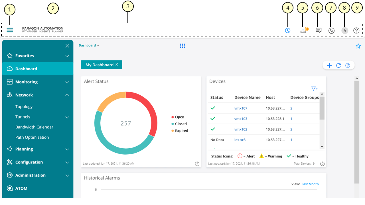 Sample Paragon Automation Dashboard Page Showing Menu and Banner