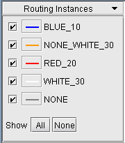 Routing Instances interface with checked instances BLUE_10, NONE_WHITE_30, RED_20, unchecked instances WHITE_30, NONE, checkboxes, Show All and Show None buttons.