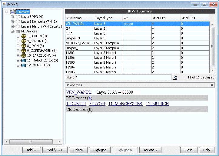 Network management tool for configuring IP VPNs. Left panel shows VPN hierarchy by type, right panel lists VPN details like name, type, AS number, and device counts. Bottom panel displays selected VPN properties and associated devices.