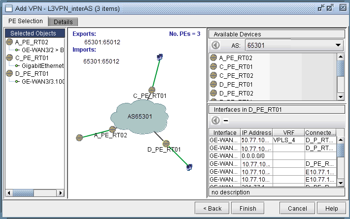 Network configuration interface for setting up a Layer 3 VPN in an inter-AS environment. Central cloud AS65301 with connected routers A_PE_RT02, C_PE_RT01, D_PE_RT01. Green lines show connections. Selected devices and interfaces like GE-WAN3/2 and GE-WAN3/10 listed. Available devices on the right. Interfaces on D_PE_RT01 detailed with IPs and VRFs. Route targets 65301:65012 for exports and imports. Finish, Cancel, and Help buttons for configuration.