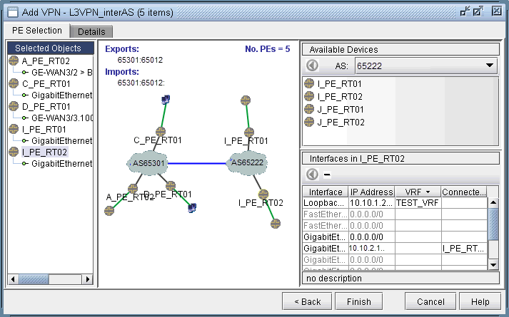 Network configuration interface for Layer 3 VPN in inter-AS environment, showing network topology, export/import route targets, selected devices, and interfaces.