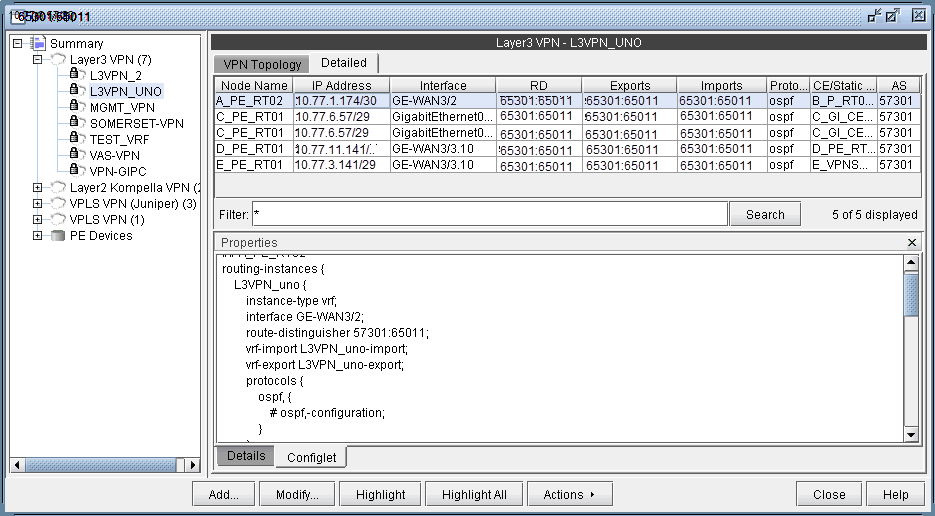 Screenshot of a network tool showing Layer 3 VPN details for L3VPN_UNO. Displays node names, IP addresses, interfaces, route distinguishers, routing protocols, and AS numbers.