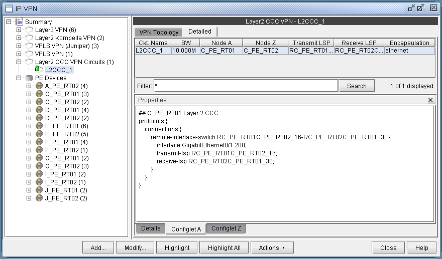 Network management software interface for IP VPNs showing hierarchical view with Layer2 CCC VPN Circuits selected and circuit L2CCC_1 highlighted. Right panel displays circuit details like topology, bandwidth, nodes, and encapsulation type ethernet. Options for modifying and managing VPN configurations are available.