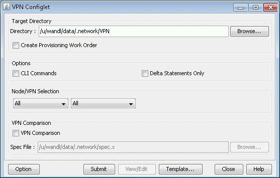 VPN Configlet interface for managing VPN settings with options for directory selection, work order creation, CLI commands, and VPN comparison.