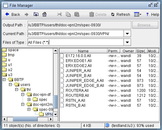 File manager interface showing navigation toolbar, path fields with directory paths, file type filter, directory tree, file list with names, permissions, owner, size, and modification date. Disk usage is 93 percent for directory /u3.