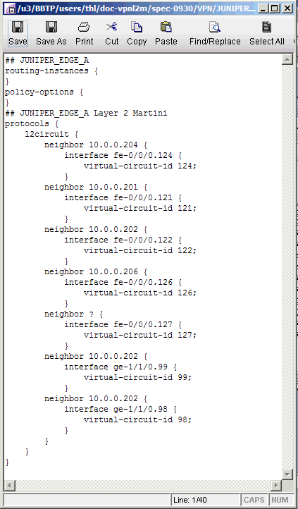 Configuration file for Juniper network device showing empty routing instances and policy options, with Layer 2 circuits detailing neighbors, interfaces, and virtual circuit IDs for VPN setup.