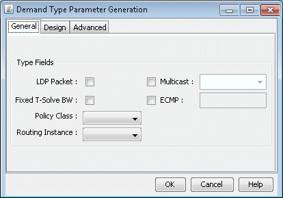 Demand Type Parameter Generation dialog box with General tab fields: LDP Packet checkbox, Multicast dropdown, Fixed T-Solve BW checkbox, ECMP text input, Policy Class dropdown, Routing Instance dropdown. OK, Cancel, and Help buttons at the bottom.