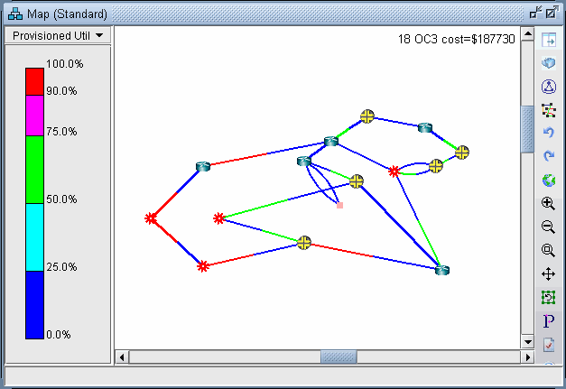 Network topology map showing nodes and links with color-coded utilization: red for high, blue for low, green for minimal. Legend on left. Text at top states 18 OC3 cost=187730, indicating high-speed fiber-optic connections.