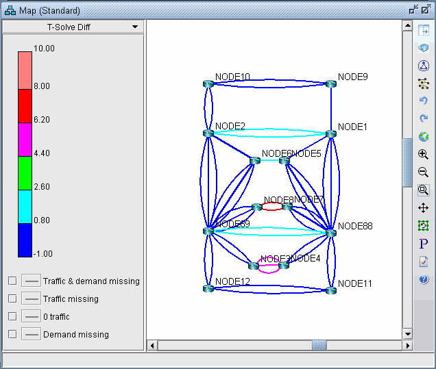 Network diagram showing nodes labeled NODE1, NODE2, NODE3, linked by color-coded lines indicating metrics from -1.00 to 10.00.