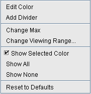 Context menu displaying color settings and viewing preferences options like Edit Color, Add Divider, Change Max, and Reset to Defaults.