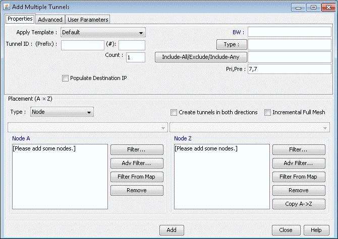 Software interface for configuring network tunnels with tabs for Properties, Advanced, and User Parameters. Fields include Tunnel ID, Count, Bandwidth, and Type. Node selection options for Node A and Node Z with checkboxes for bidirectional tunnels and full mesh. Action buttons for adding, closing, and help.