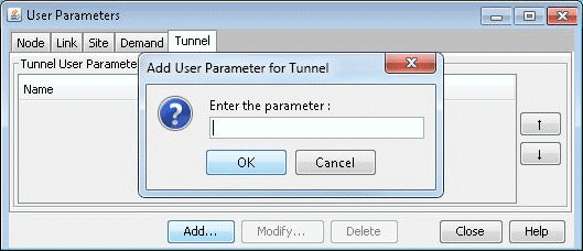User interface for adding tunnel parameters with tabs for Node, Link, Site, Demand, and Tunnel. Active Tunnel tab and dialog box for entering tunnel parameter with OK and Cancel buttons. Main window has Add, Modify, Delete, Close, and Help buttons.