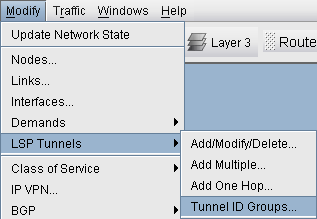 Software menu interface showing options: Modify with sub-options Update Network State, Nodes, Links, Interfaces, Demands, LSP Tunnels, Class of Service, IP VPN, BGP. Tabs Layer 3 and Route are visible.