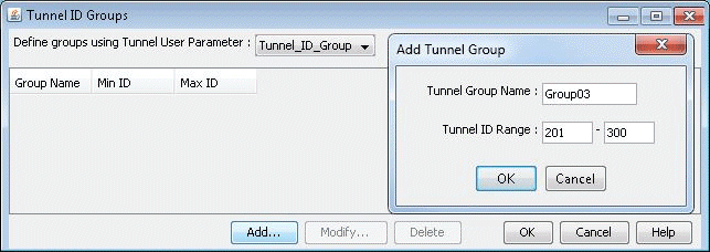 Software interface for managing Tunnel ID Groups. Add Tunnel Group dialog open with Group03 from 201 to 300. Options to add, modify, or delete groups.
