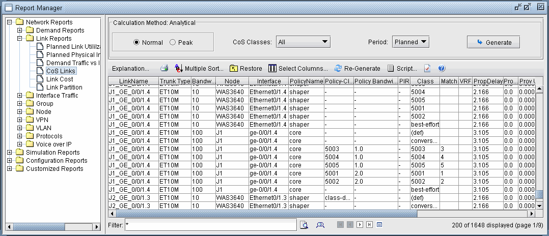 Report Manager interface for analyzing network traffic. Displays hierarchical report menu, calculation options, and network link details in a table.