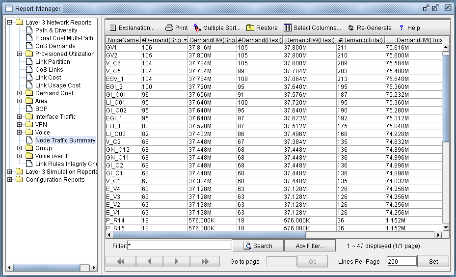 Report Manager interface with a menu of report categories and a table displaying network node traffic data for analysis.