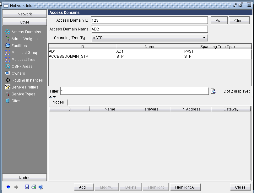 Screenshot of a network tool interface focused on Access Domains section with IDs, names, and spanning tree types.
