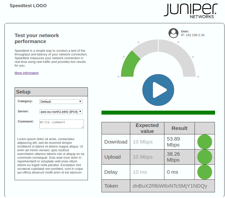 Juniper Networks tool measures network performance; download 53.89 Mbps, upload 38.26 Mbps, delay 0 ms.