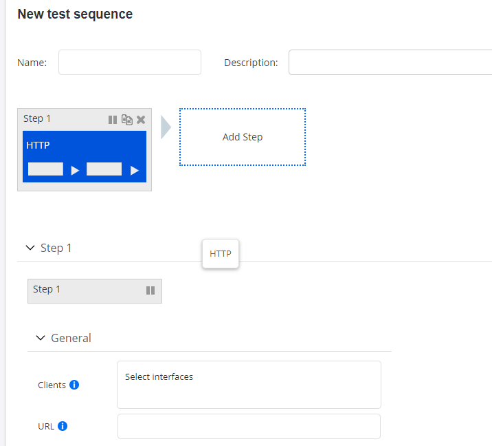 User interface for creating a new test sequence with fields for Name and Description, Step 1 labeled HTTP, and Add Step placeholder.