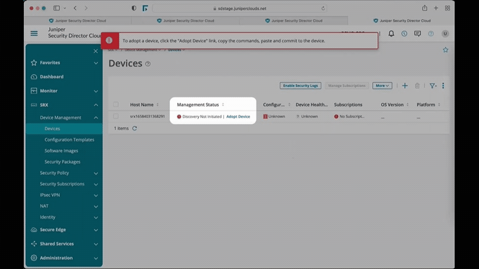 Screenshot of Juniper Security Director Cloud Devices section highlighting Adopt Device option with red notification instructions.