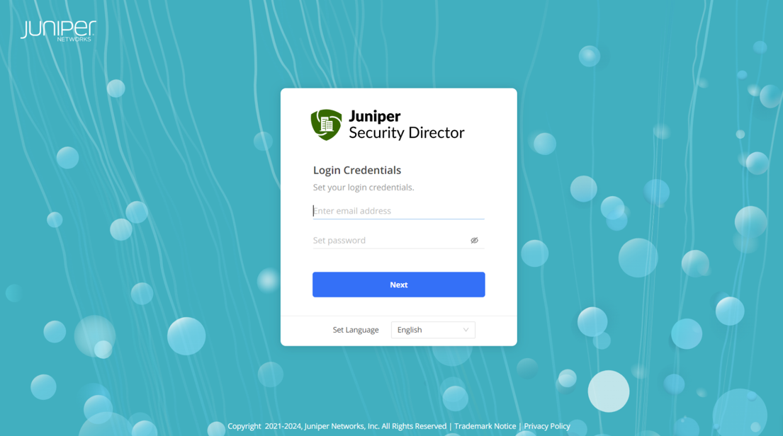 Login screen for Juniper Security Director with fields for email, password, "Next" button, and language selection. Teal abstract background.