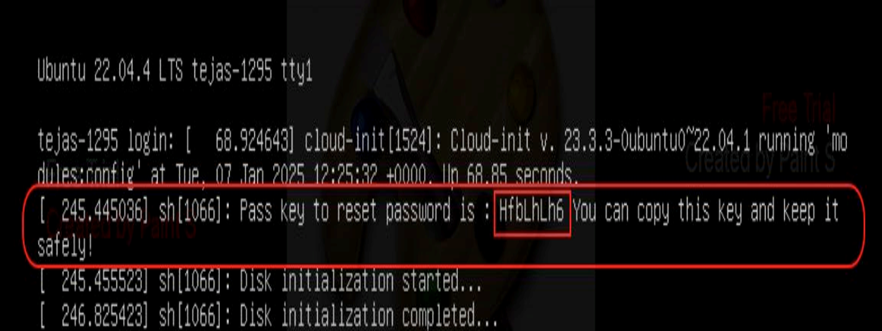 Terminal screen with Ubuntu 22.04.4 LTS showing system logs. Highlighted message advises to copy and keep password reset key HfbLhLh6 safely.