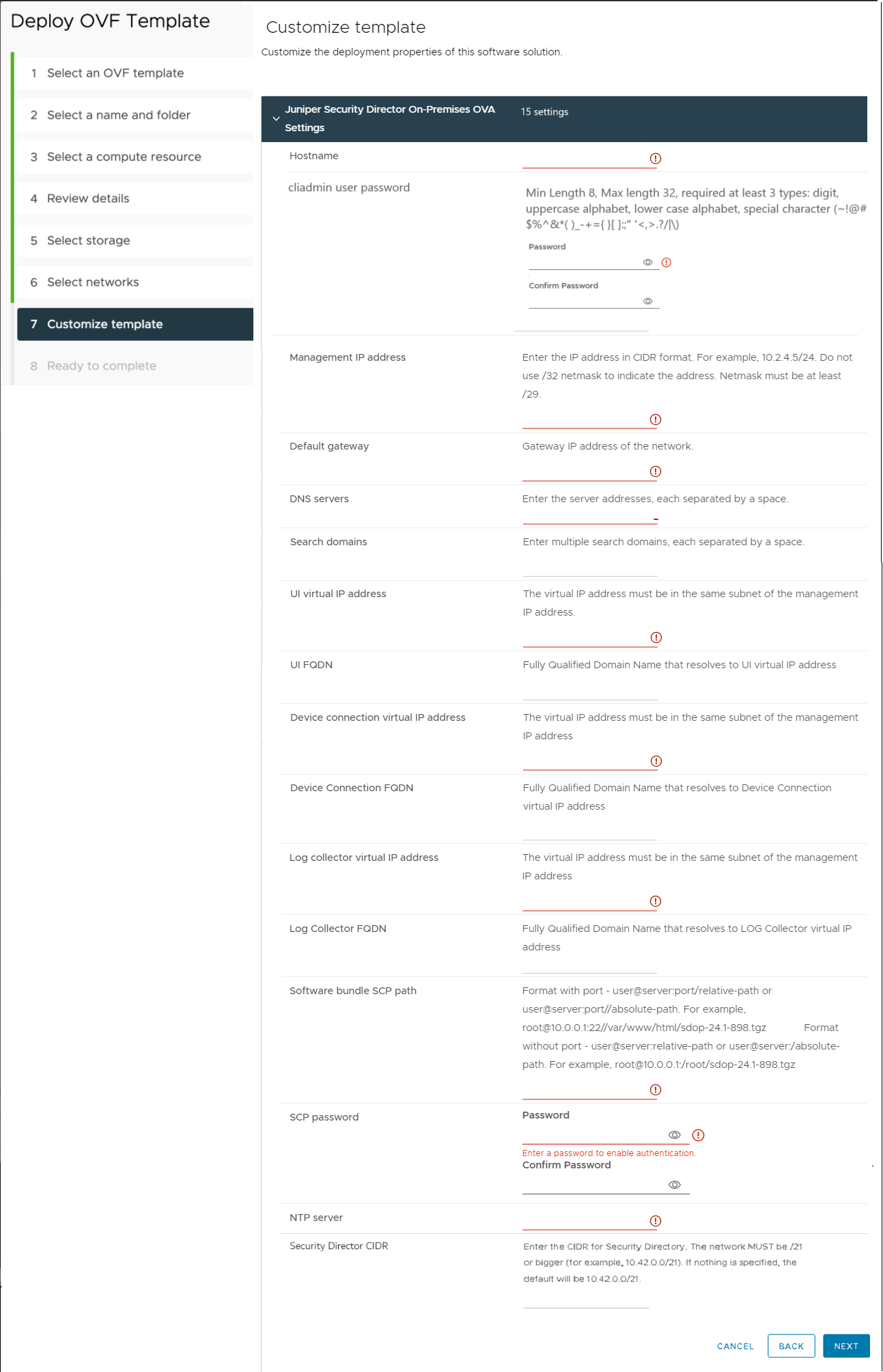 Screenshot of the Juniper Security Director On-Premises OVA deployment wizard, step 7, Customize template, displaying input fields for configuration details such as Hostname, Management IP address, and DNS servers, with navigation buttons for Cancel, Back, and Next.