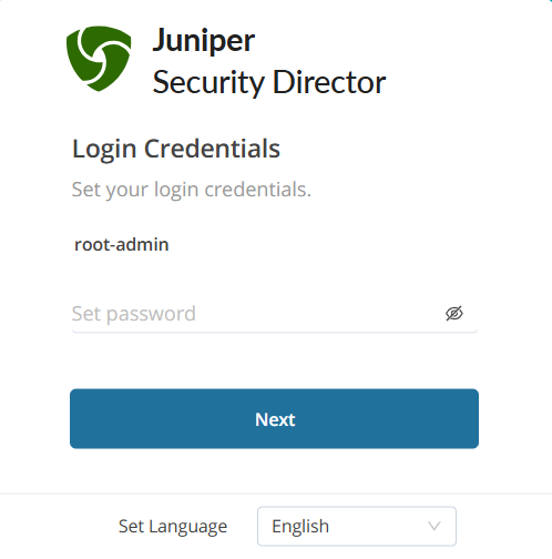 Login screen for Juniper Security Director with fields for email, password, "Next" button, and language selection. Teal abstract background.