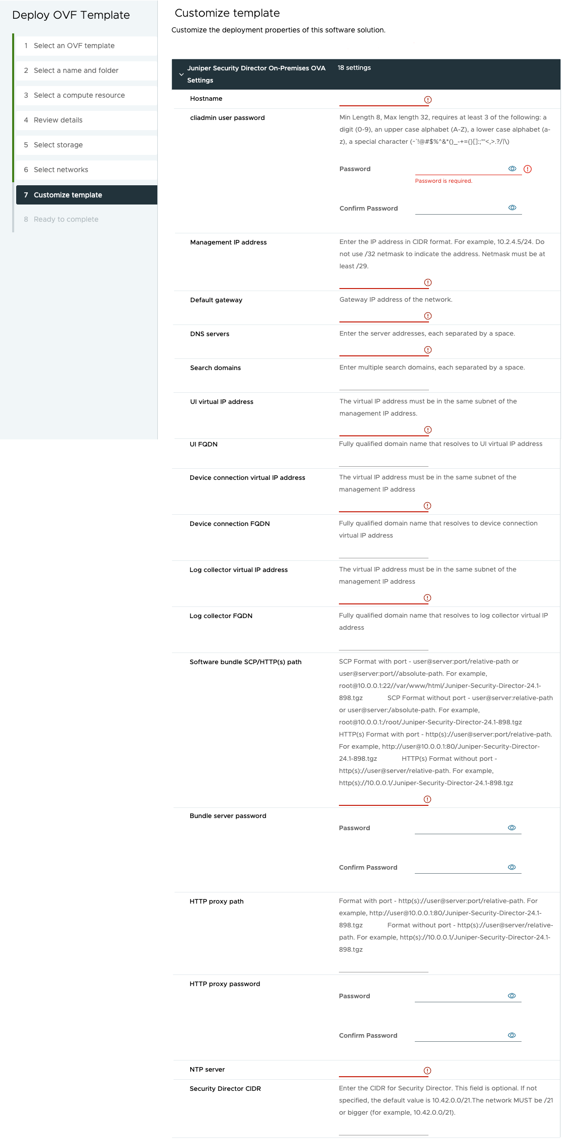 Screenshot of the Juniper Security Director On-Premises OVA deployment wizard, step 7, Customize template, displaying input fields for configuration details such as Hostname, Management IP address, and DNS servers, with navigation buttons for Cancel, Back, and Next.