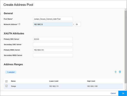 Create Address Pool Page