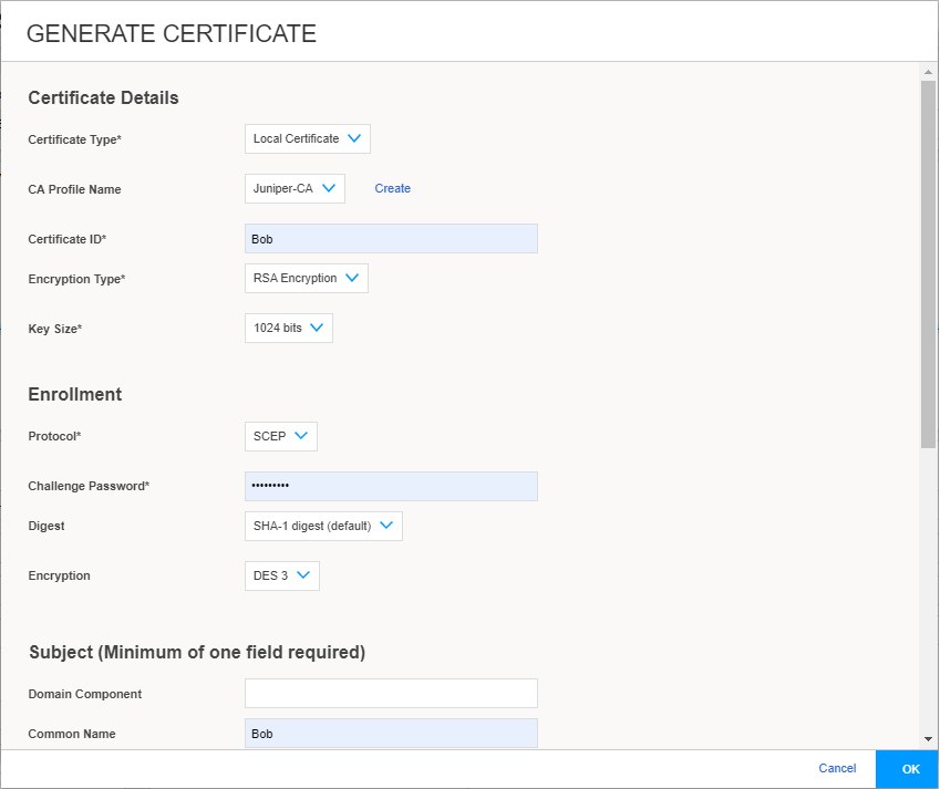 Generate Certificate Page For Local certificate