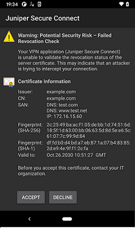 Warning Message when Application Cannot Validate Gateway Certificate (Android)