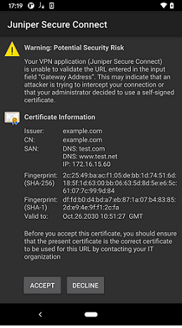 Sample Certificate Warning Message on Android Platform