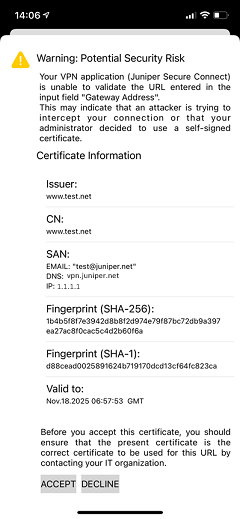 Sample Certificate Warning Message on iOS Platform