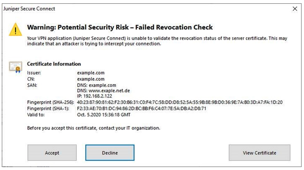 Warning Message when Application Cannot Validate Gateway Certificate (Windows)