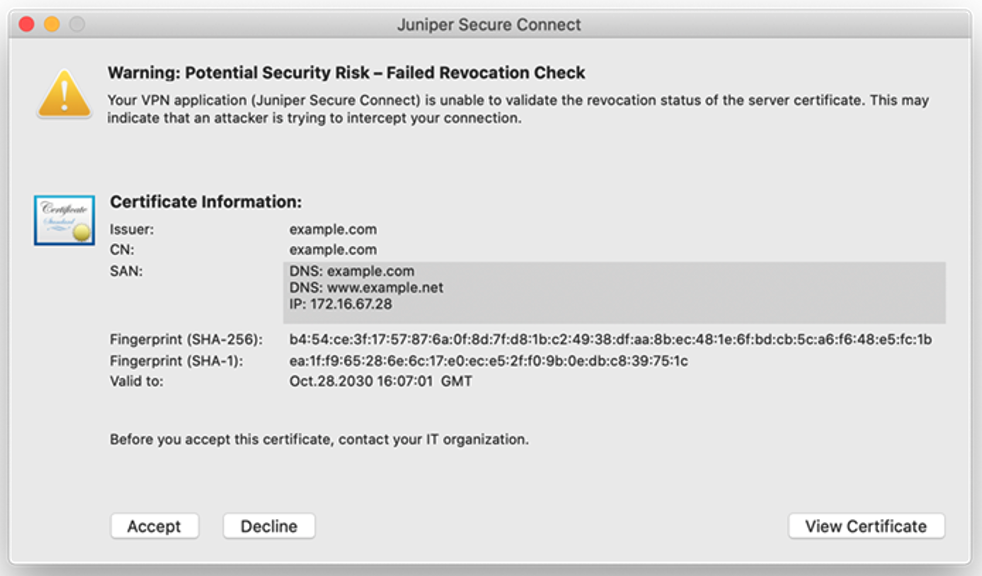 Warning Message when Application Cannot Validate Gateway Certificate (macOS)