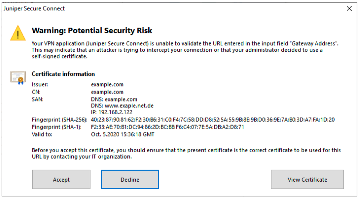 Sample Certificate Warning Message on Windows Platform