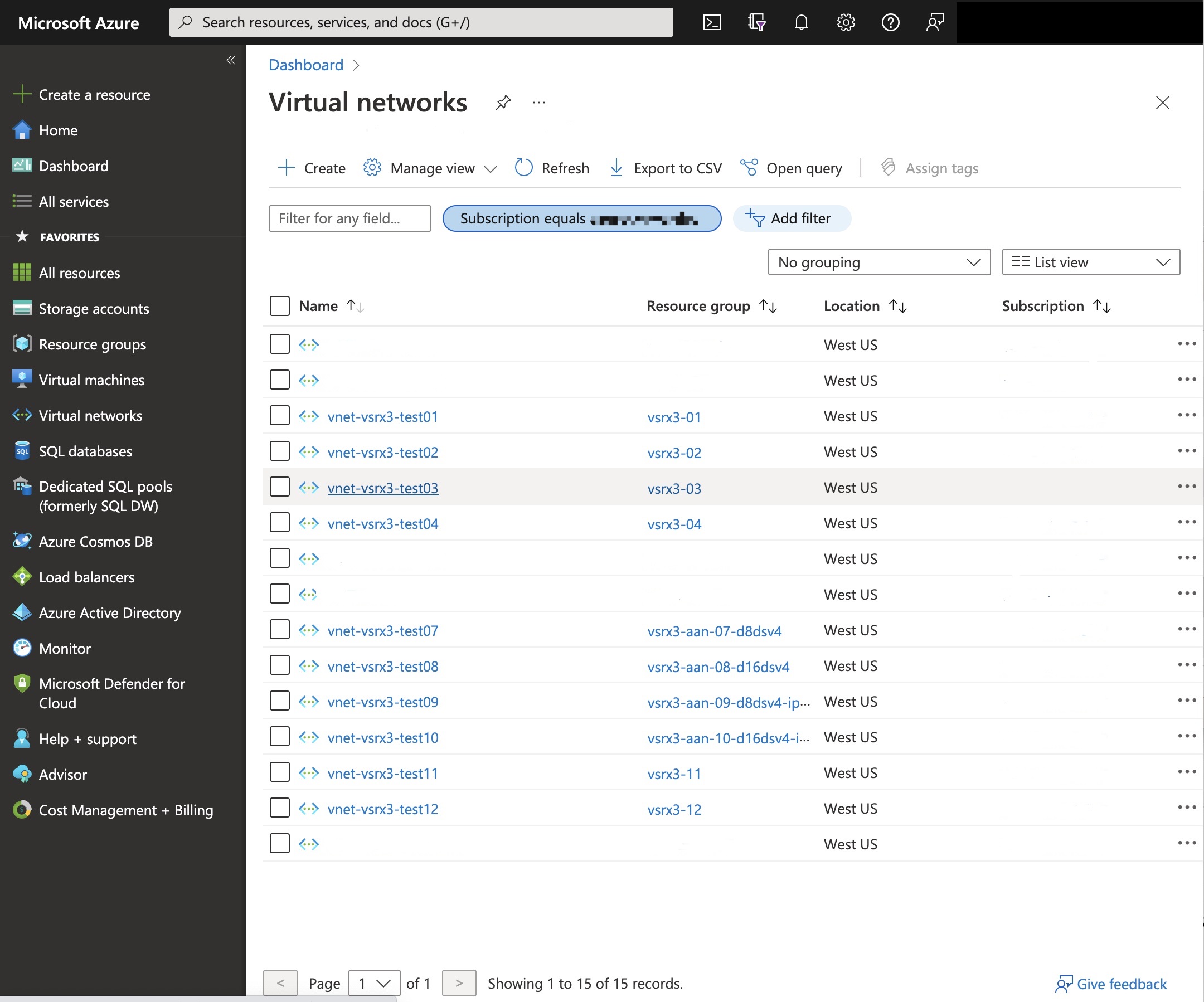 Azure Portal Virtual Networks
