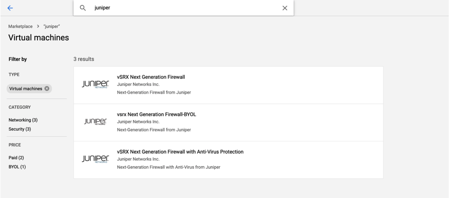 Locate vSRX Virtual Firewall Listing in the GCP Marketplace