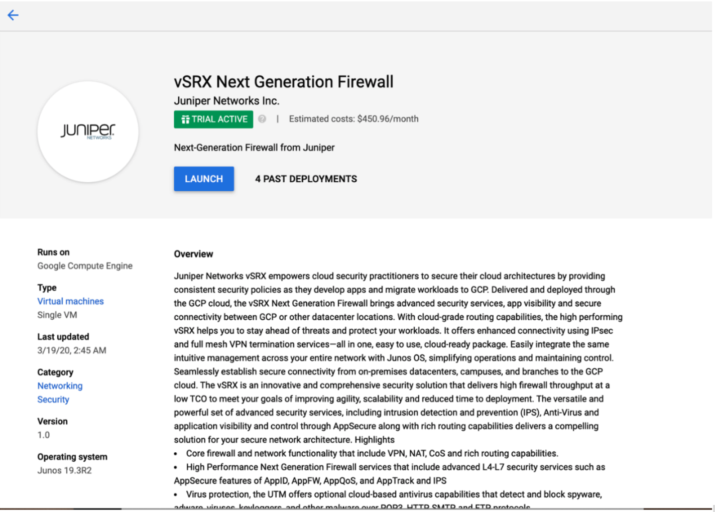 Launch vSRX Virtual Firewall Instance in GCP from Marketplace