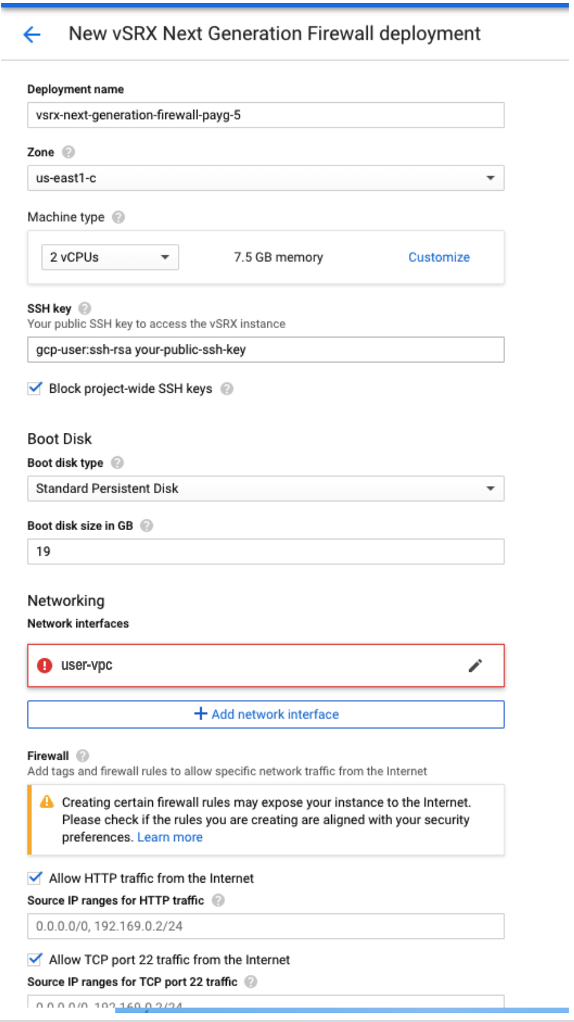 Name vSRX Virtual Firewall Instance and Choose Resources in GCP Marketplace