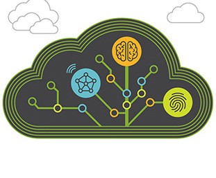 Connected computer, brain, and fingerprints in a cloud to represent Juniper’s Cloud Metro solutions.