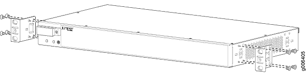 Juniper network device with mounting brackets for a 19-inch rack; screws secure the brackets.
